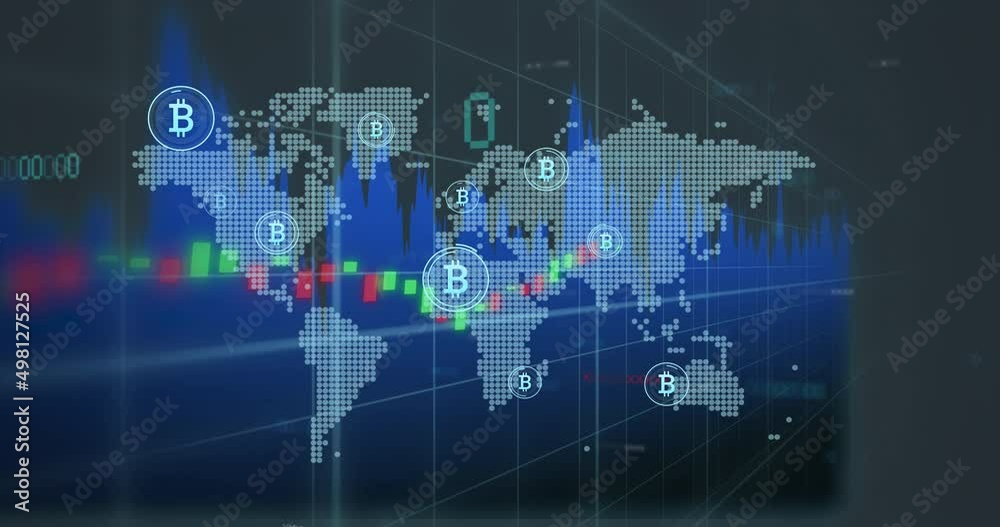 Animation of data processing and bitcoin symbol over world map Animation of data processing and bitcoin symbol over world map