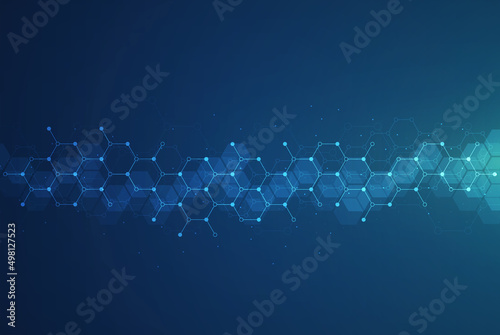 Hexagons pattern on blue background. Genetic research, molecular structure. Chemical engineering. Concept of innovation technology. Used for design healthcare, science and medicine background