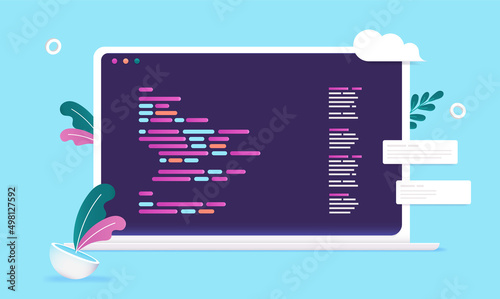 Computer code on laptop screen - Abstract coding language and web development concept. Semi flat vector illustration with blue background