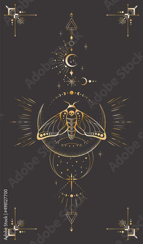 Mystic celestial background with golden outline insect, stars, moon phases, crescents and frame with arrows. Occult linear backdrop with magical butterfly with skull. Sacred geometric tarot card cover
