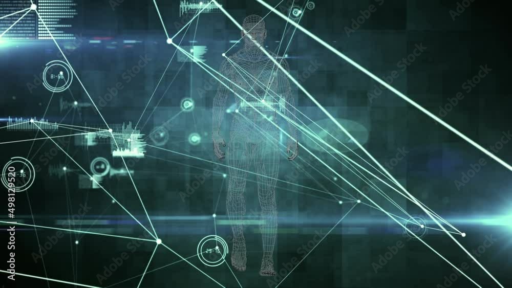 Animation of network of connections and data processing over human body model Animation of network of connections and data processing over human body model