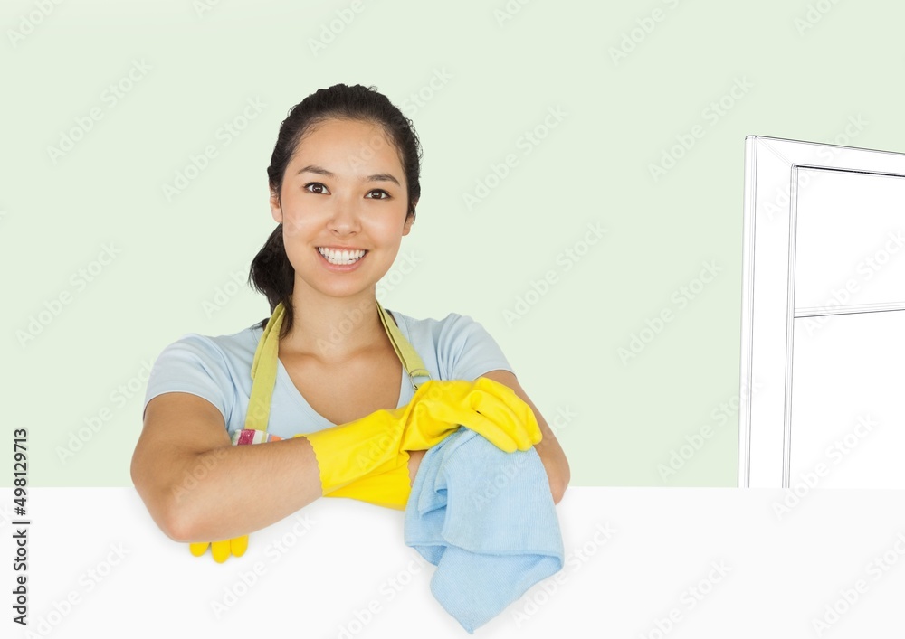 Portrait of asian woman wearing cleaning gloves smiling against door sketch on grey background Portrait of asian woman wearing cleaning gloves smiling against door sketch on grey background