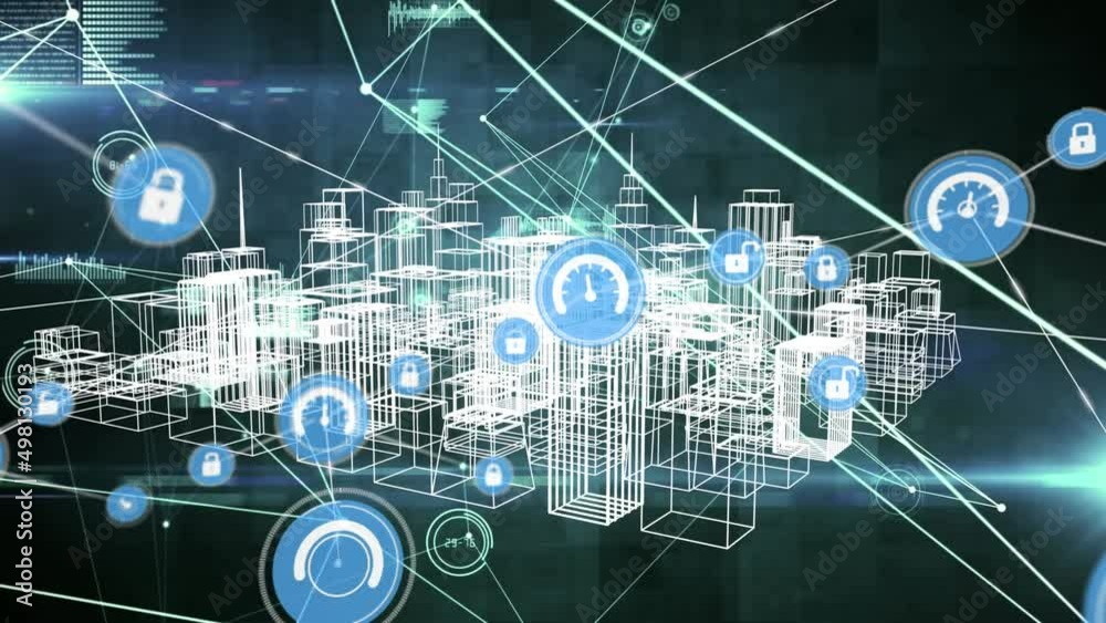 Animation of network of connections over digital city on black background Animation of network of connections over digital city on black background