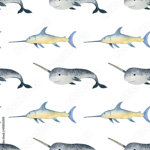 Watercolor seamless pattern with narwhal