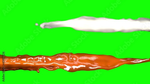 Caramel and Milk streams on background of green chroma key. 3D animation of edible liquids.