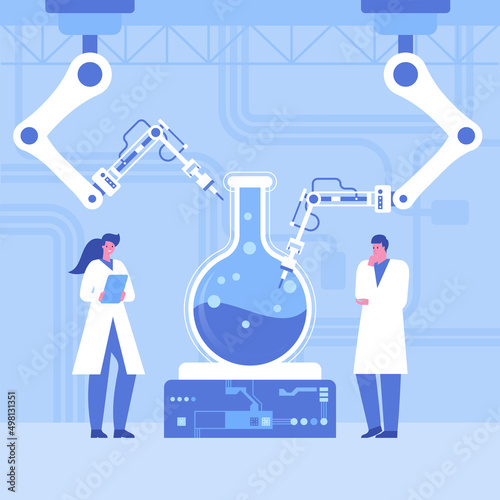 Automated scientific laboratory interior with robotic technology Scientists analyses data of research, robotic arms make test in flasks on modern professional lab equipment Vector science illustration