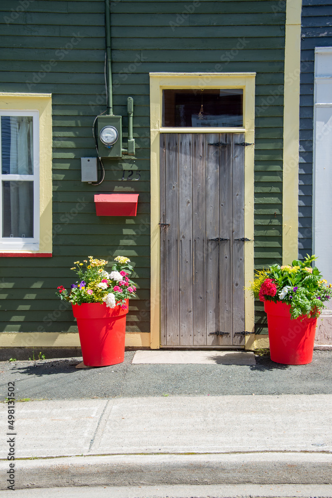 Naklejka premium Exterior of a green wooden clapboard wall with a single wooden storm door. There's two red flower pots with colorful spring flowers in them. A red metal mailbox is affixed to the wall next to a window