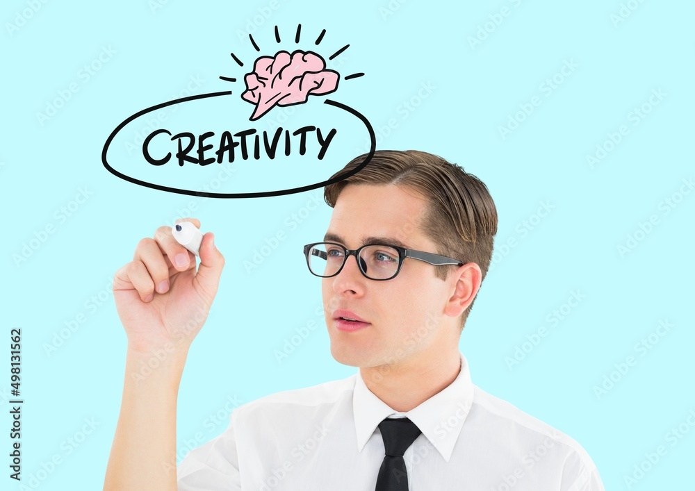Brain icon with creative text over caucasian man writing on invisible screen against blue background Brain icon with creative text over caucasian man writing on invisible screen against blue background
