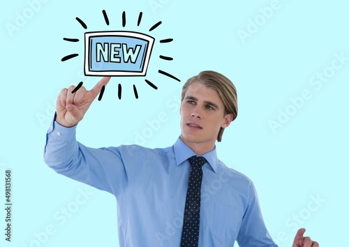 New text banner over caucasian businessman touching an invisible screen against blue background photo