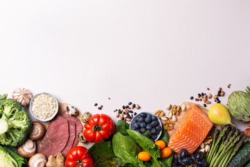 Assortment of healthy food for clean eating flexitarian mediterranean diet