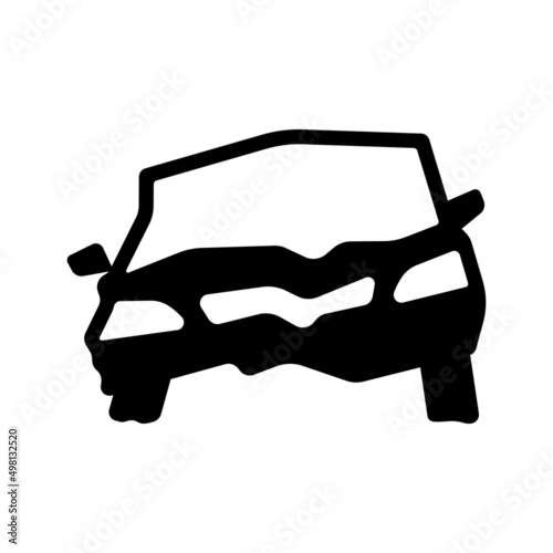 Broken damaged car icon. Wrinkled transport after the accident. Black silhouette. Front view. Vector simple flat graphic illustration. Isolated object on a white background. Isolate.