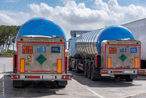 Tank trucks for the transport of dangerous gases with the TIR label, for transport outside the EEC. (European Economic Community) photo