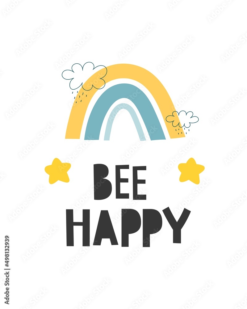 be happy. cartoon rainbow, hand drawing lettering. Colorful vector ...