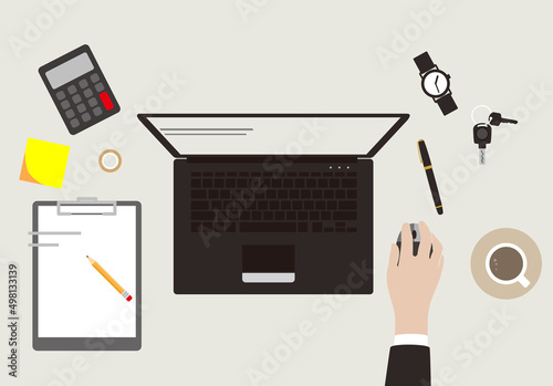 Working place, man using mouse to control the computer