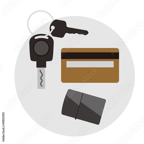 Car key and credit card on the desk, top view, vector illustration