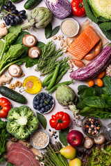 Assortment of healthy food for clean eating flexitarian mediterranean diet