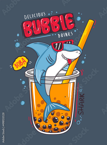 Shark enjoying bubble tea in a glass and plastic straw