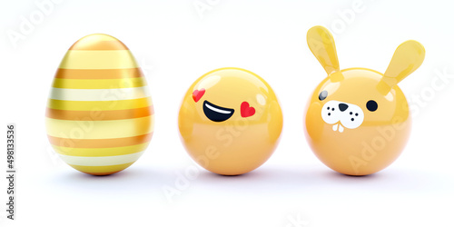 Happy Easter Background with Golden Egg, Emoji and Yellow Easter Bunny Isolated on a White Backgrund. 3D Illustration.