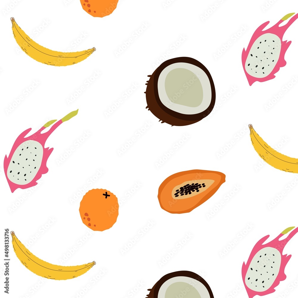 Tropical fruit pattern. Coconut, banana, orange, pitaya. fruits and vegetables Tropical fruit pattern. Coconut, banana, orange, pitaya. fruits and vegetables