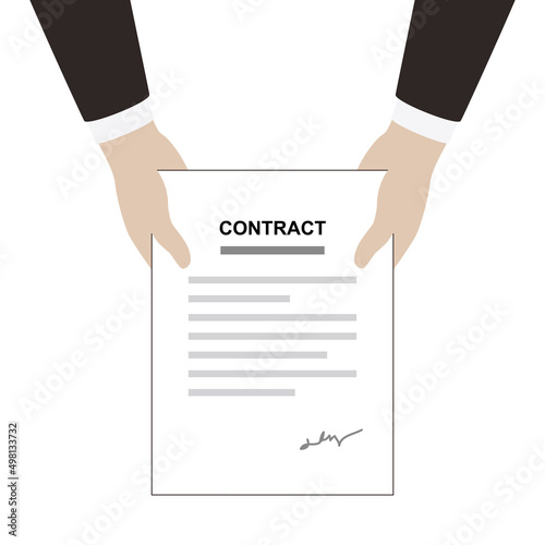 Man holding contract paper, flat design, vector illustration