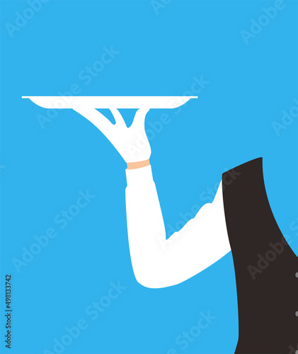 Waiter holding a empty tray, concept