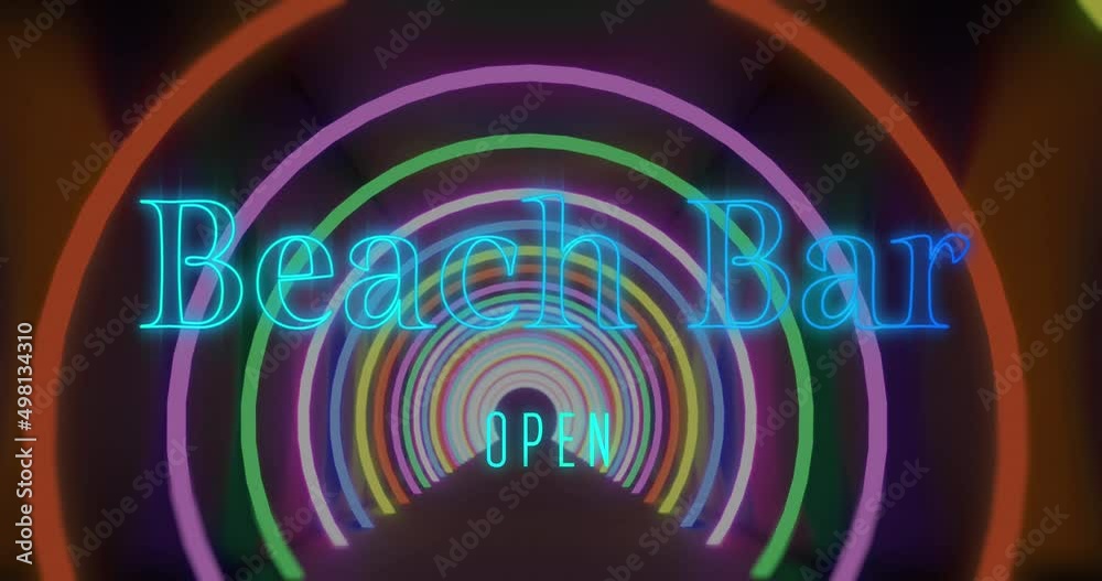 Animation of beach party over neon circles on black background Animation of beach party over neon circles on black background