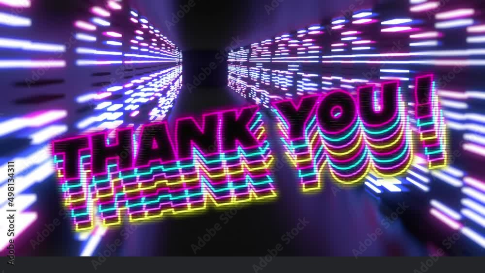 Animation of thank you over neon lights on violet background Animation of thank you over neon lights on violet background