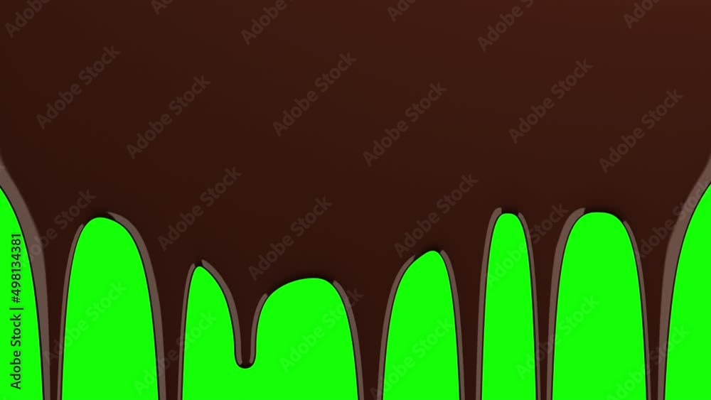 Chocolate drips on green screen and transparent background. Liquid flowing down the surface in streams, melting drops forming streaks. 3D animation. Chroma key, alpha channel ProRes 4444 in 4k UHD.