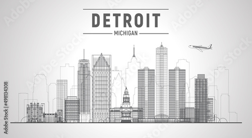 Detroit, Michigan (USA) city lines skyline. Business travel and tourism concept with modern buildings. Image for presentation, banner, website.