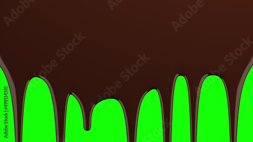 Chocolate drips on green screen and transparent background. Liquid flowing down the surface in streams, melting drops forming streaks. 3D animation. Chroma key, alpha channel ProRes 4444 in 4k UHD.