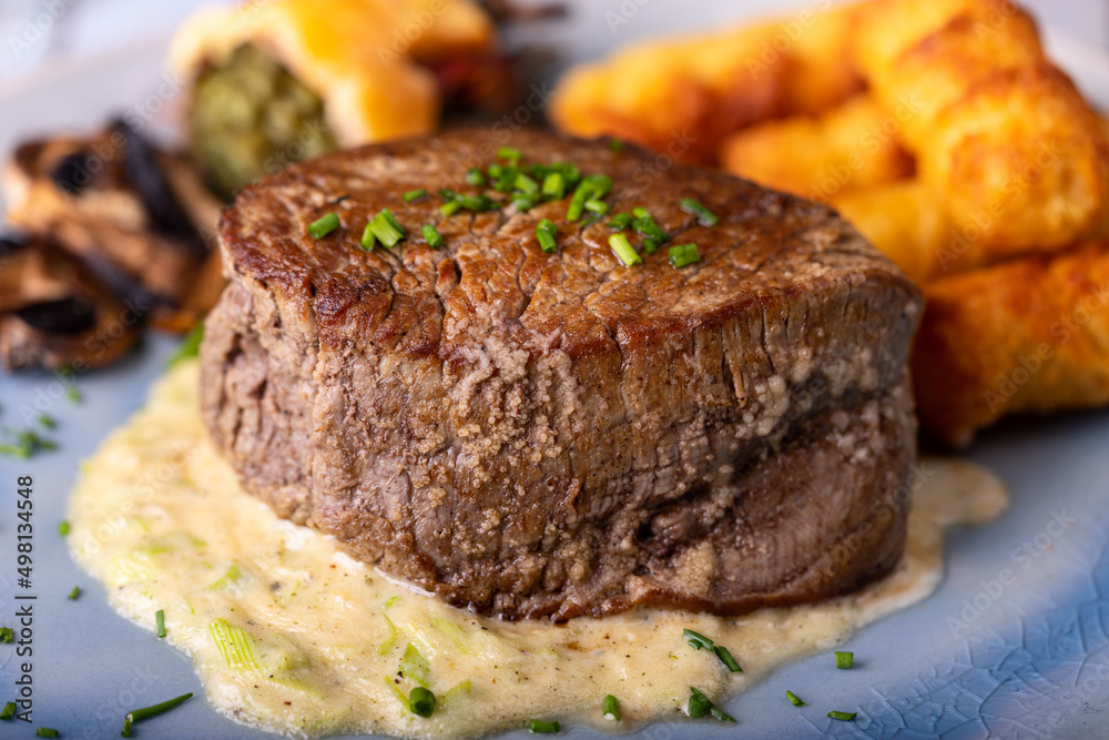 closeup of a steak on a plate