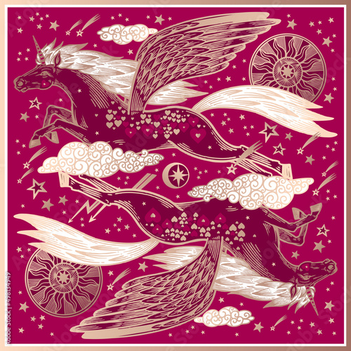 Unicorns. Fantasy Animal pattern. Red, gold and white.