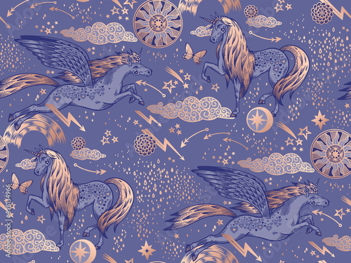 Unicorns. Fantasy Animal Seamless pattern. Gold and purple.