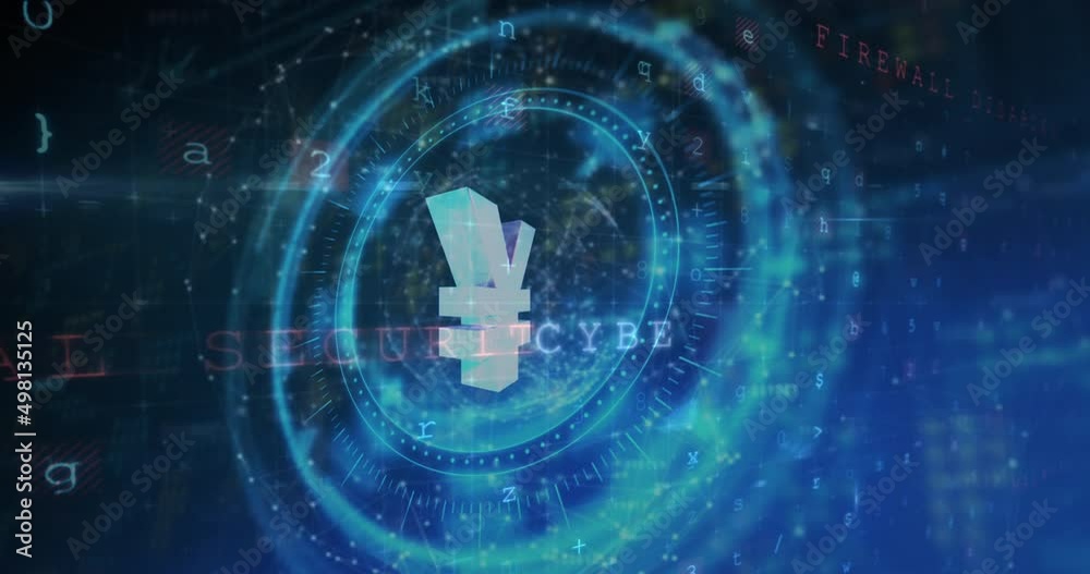 Animation of yen symbol on rotating safe lock over data processing and security warning messages Animation of yen symbol on rotating safe lock over data processing and security warning messages