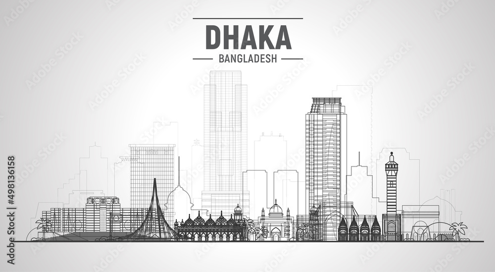 Dhaka Bangladesh line skyline with panorama in white background. Vector Illustration. Business travel and tourism concept with modern buildings. Image for banner or website.