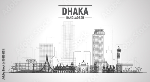 Dhaka Bangladesh line skyline with panorama in white background. Vector Illustration. Business travel and tourism concept with modern buildings. Image for banner or website.