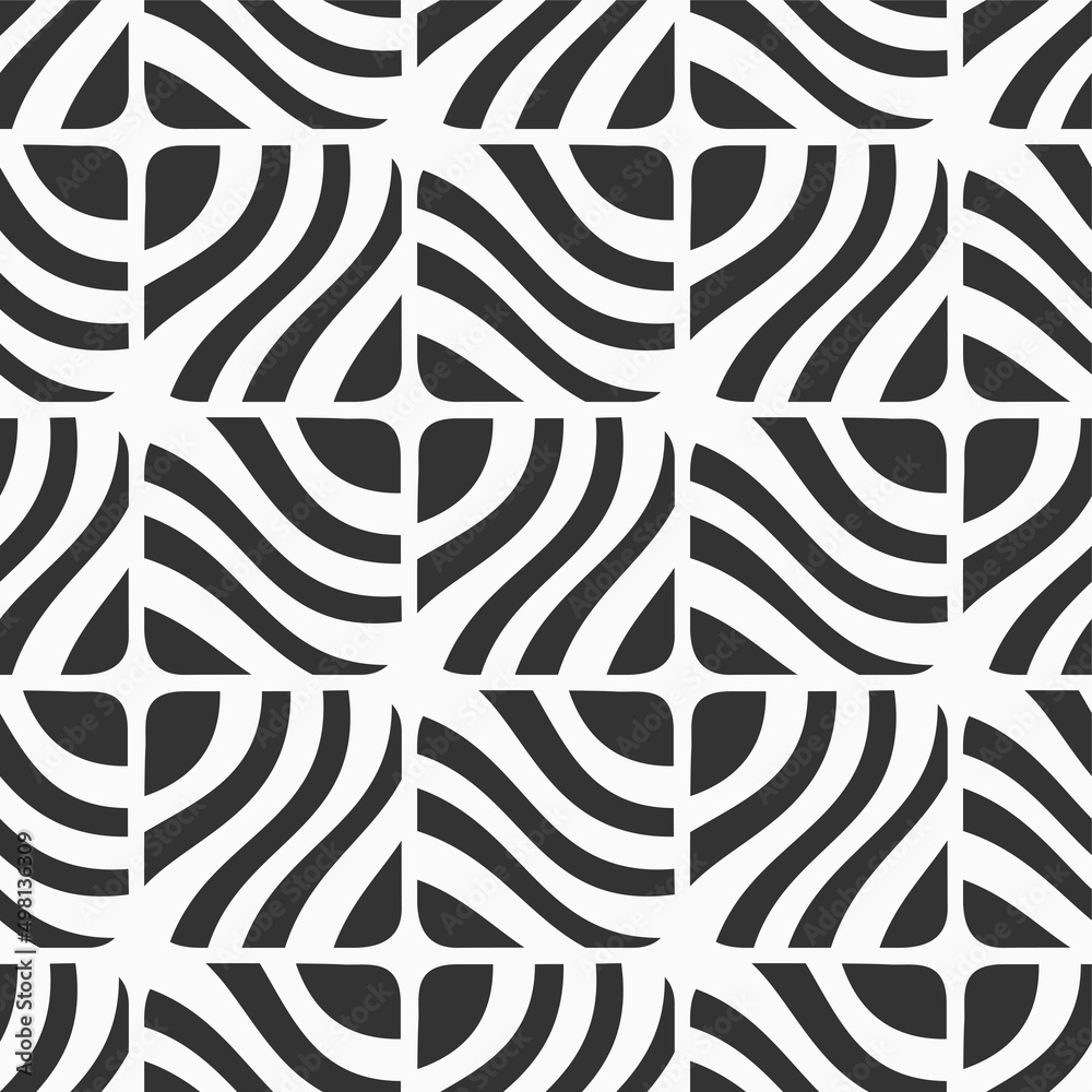 Fototapeta premium Abstract stripes squares seamless vector pattern. Ornamental striped stylish black and white background. Repeating ornament wityh wavy stripes.