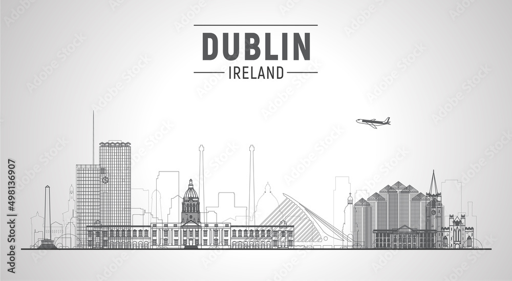 Naklejka premium Dublin, ( Ireland ) city skyline vector illustration on sky background. Business travel and tourism concept with modern buildings. Image for presentation, banner, website.
