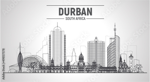 Durban (South Africa)line skyline with a panorama on white background. Stroke vector Illustration. Business travel and tourism concept with modern buildings. Image for banner or website. photo