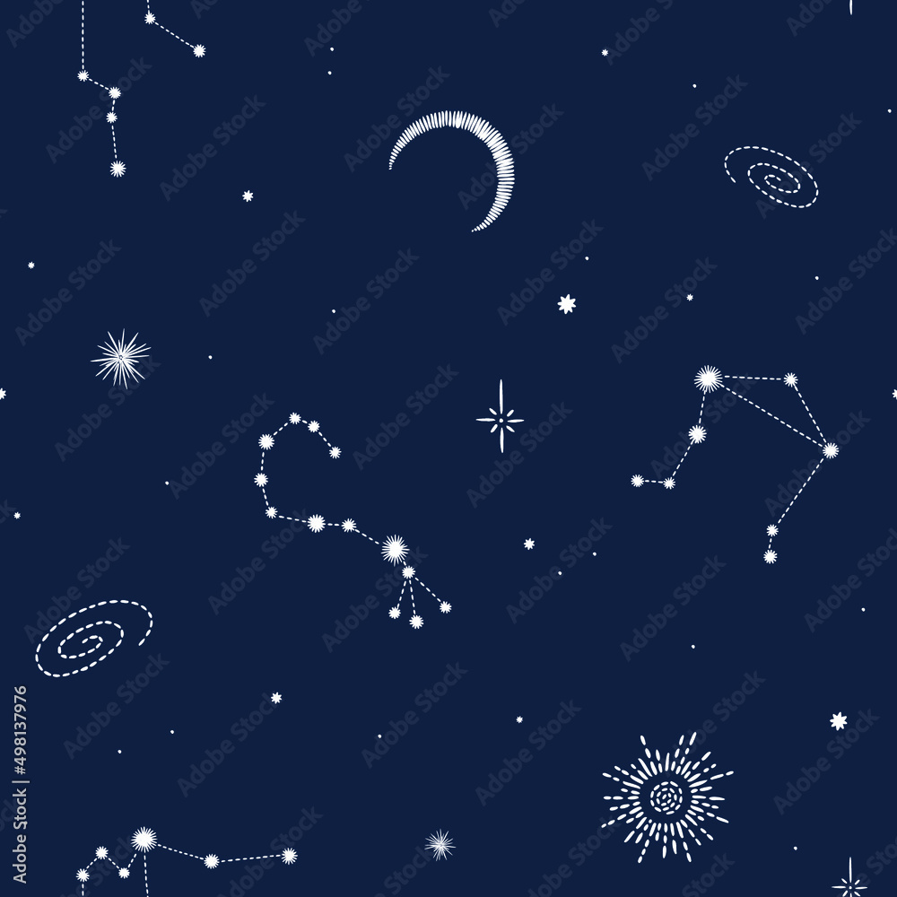 Fototapeta premium Seamless cosmic vector pattern with stars, constellations and planets