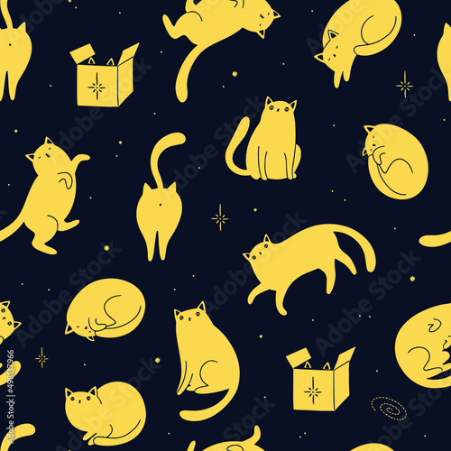 Seamless vector pattern with cute funny cats in space. Cosmic background with stars, constellations and moon.