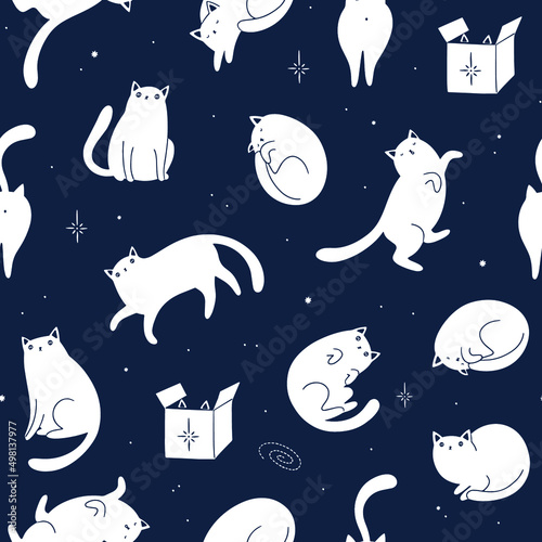 Seamless vector pattern with cute funny cats in space. Cosmic background with stars, constellations and moon.