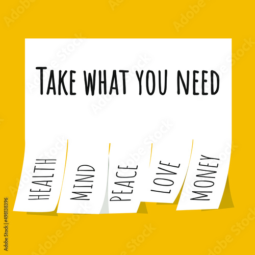 Take what you need. Vector stock illustration eps10. HEALTH. MIND. PEACE. LOVE. MONEY