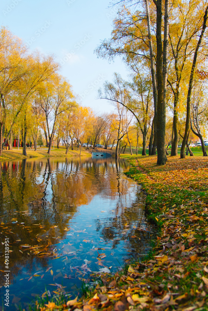 Golden autumn trees. Path in fallen leaves near the canal in sunny weather. Beautiful colorful trees along the river.