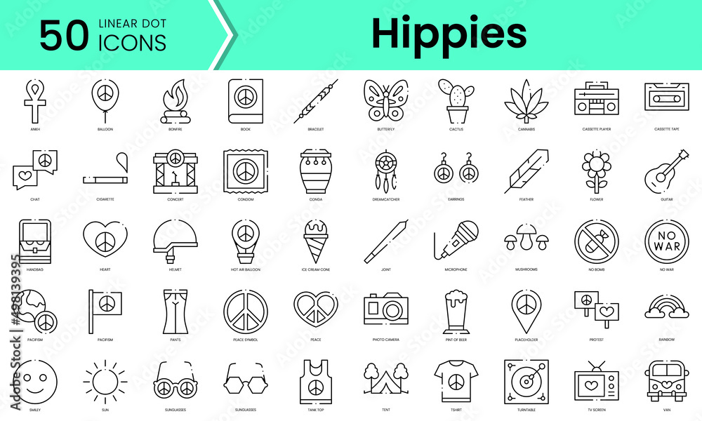 Set of hippies icons. Line art style icons bundle. vector illustration