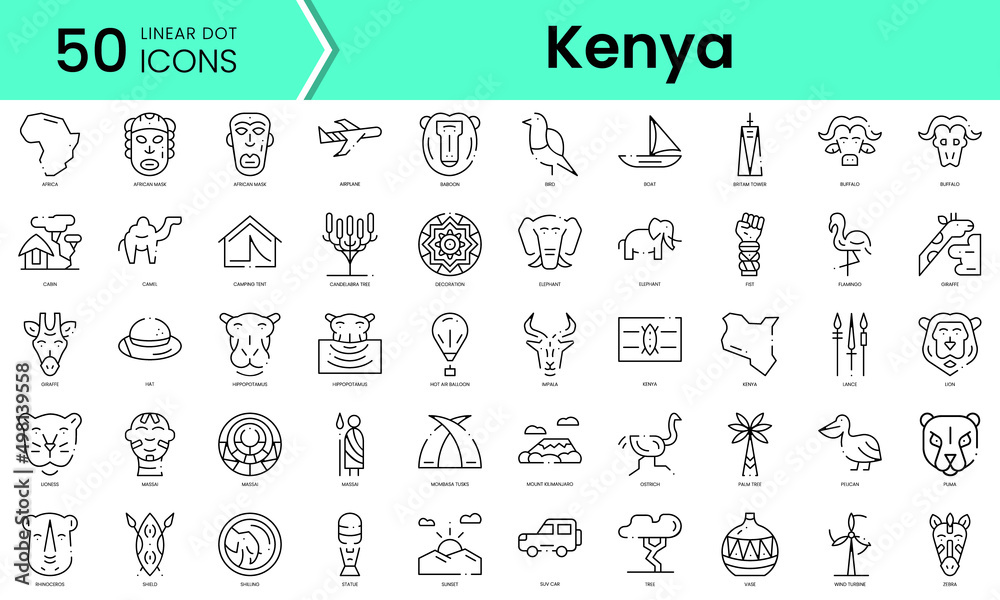 Set of kenya icons. Line art style icons bundle. vector illustration
