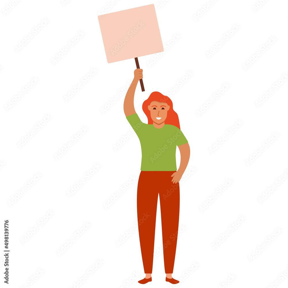 The girl redhead protests with a banner. Girl holding a blank poster with place for text.Vector flat illustration. Isolated on white background.