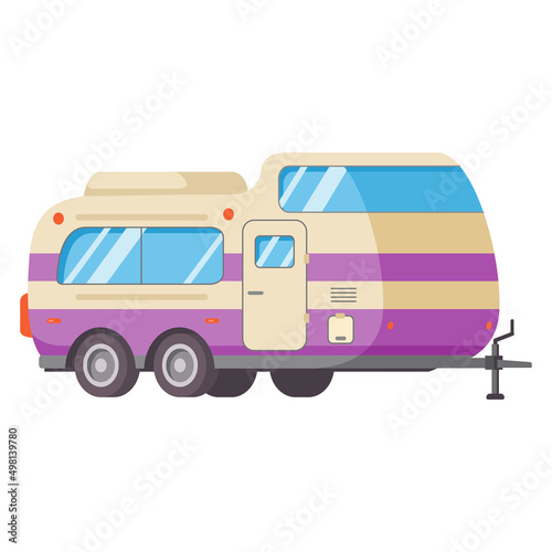 Camping badge design.Rv camping trailer.Travel trailer for outdoor adventures.View from side.Vector flat illustration. Isolated on white background.