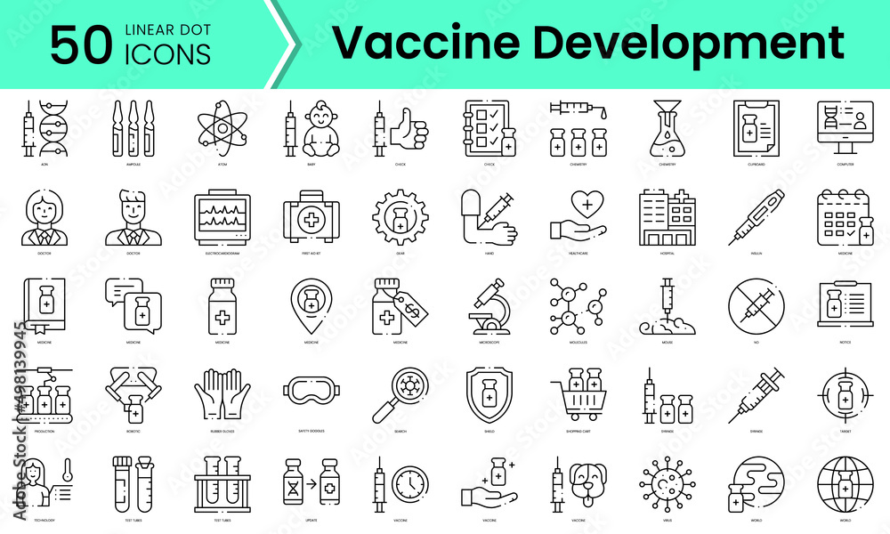 Set of vaccine development icons. Line art style icons bundle. vector illustration