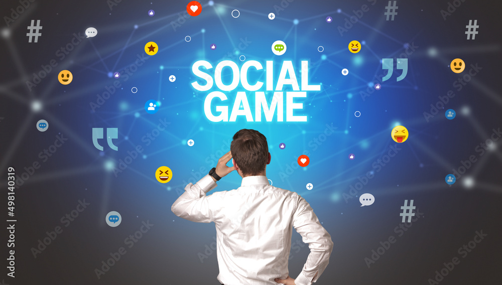 Rear view of a businessman, social media concept Rear view of a businessman, social media concept